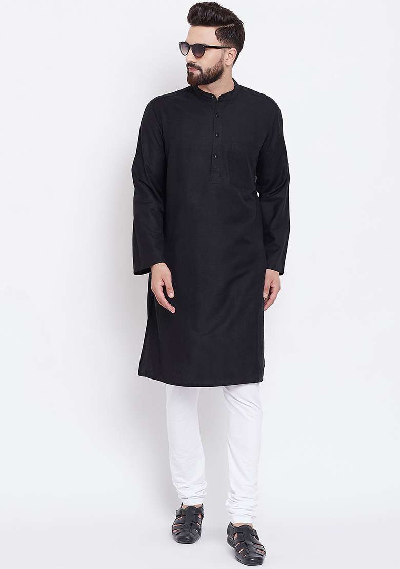 Black Embroidery Sequins Work Cotton Blend Kurta Set For Men - Indya