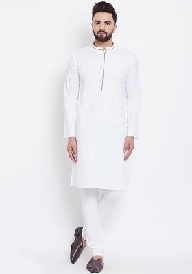 White Embroidery Sequins Work Cotton Blend Kurta Set For Men