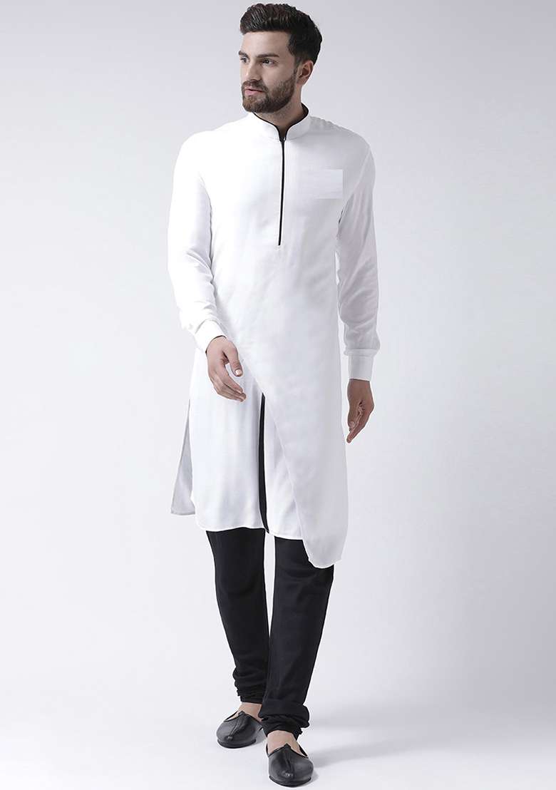 White Embroidery Sequins Work Cotton Blend Kurta Set For Men - Indya