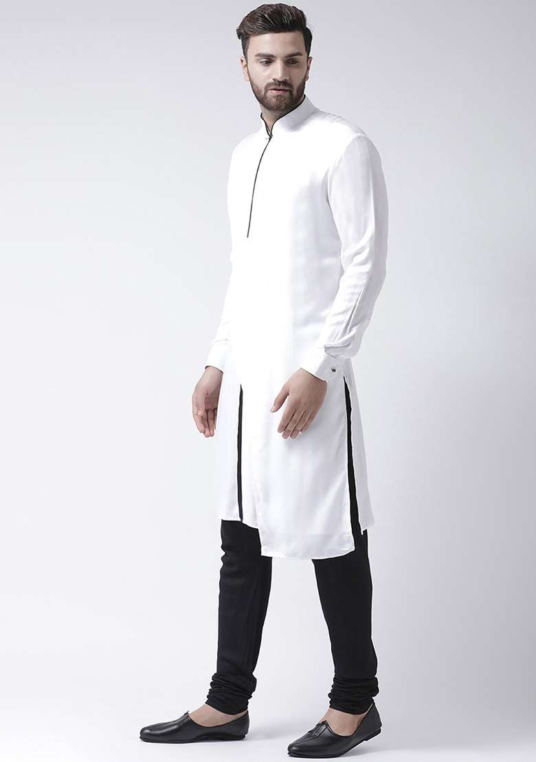 White Embroidery Sequins Work Cotton Blend Kurta Set For Men - Indya