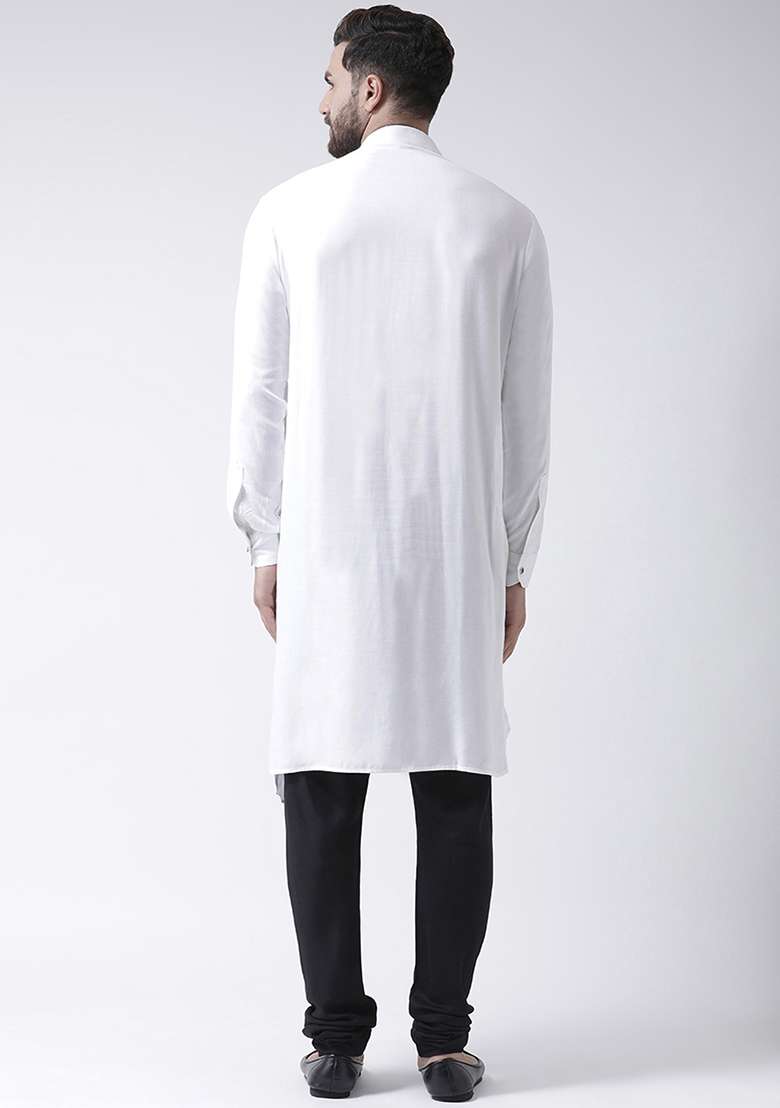 White Embroidery Sequins Work Cotton Blend Kurta Set For Men - Indya