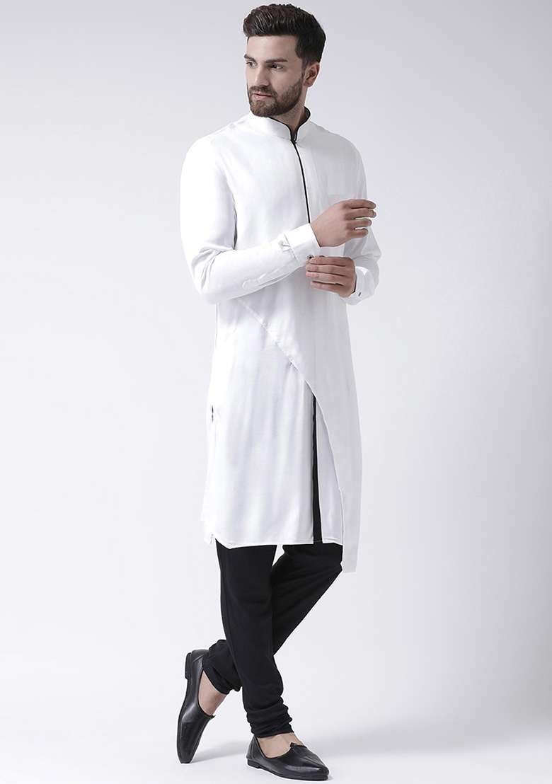 White Embroidery Sequins Work Cotton Blend Kurta Set For Men - Indya