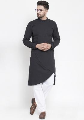 Black Embroidery Sequins Work Cotton Blend Kurta Set For Men