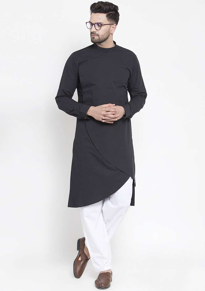 Black Embroidery Sequins Work Cotton Blend Kurta Set For Men - Indya