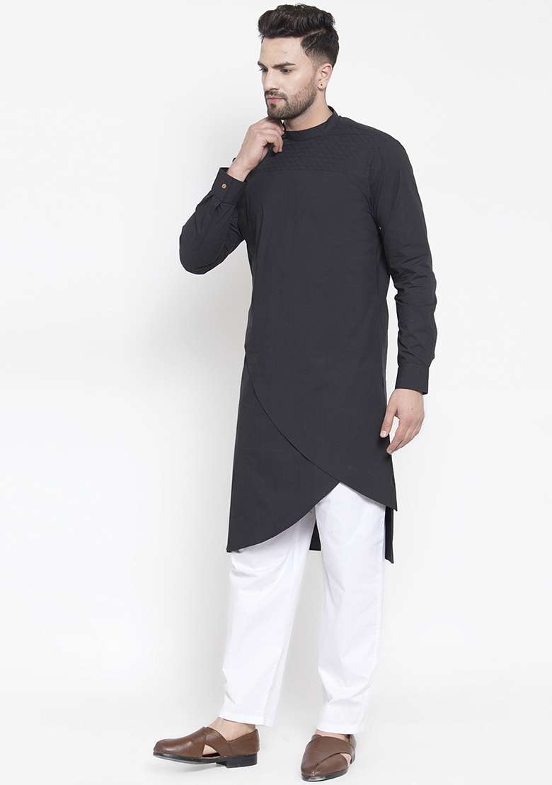 Black Embroidery Sequins Work Cotton Blend Kurta Set For Men - Indya