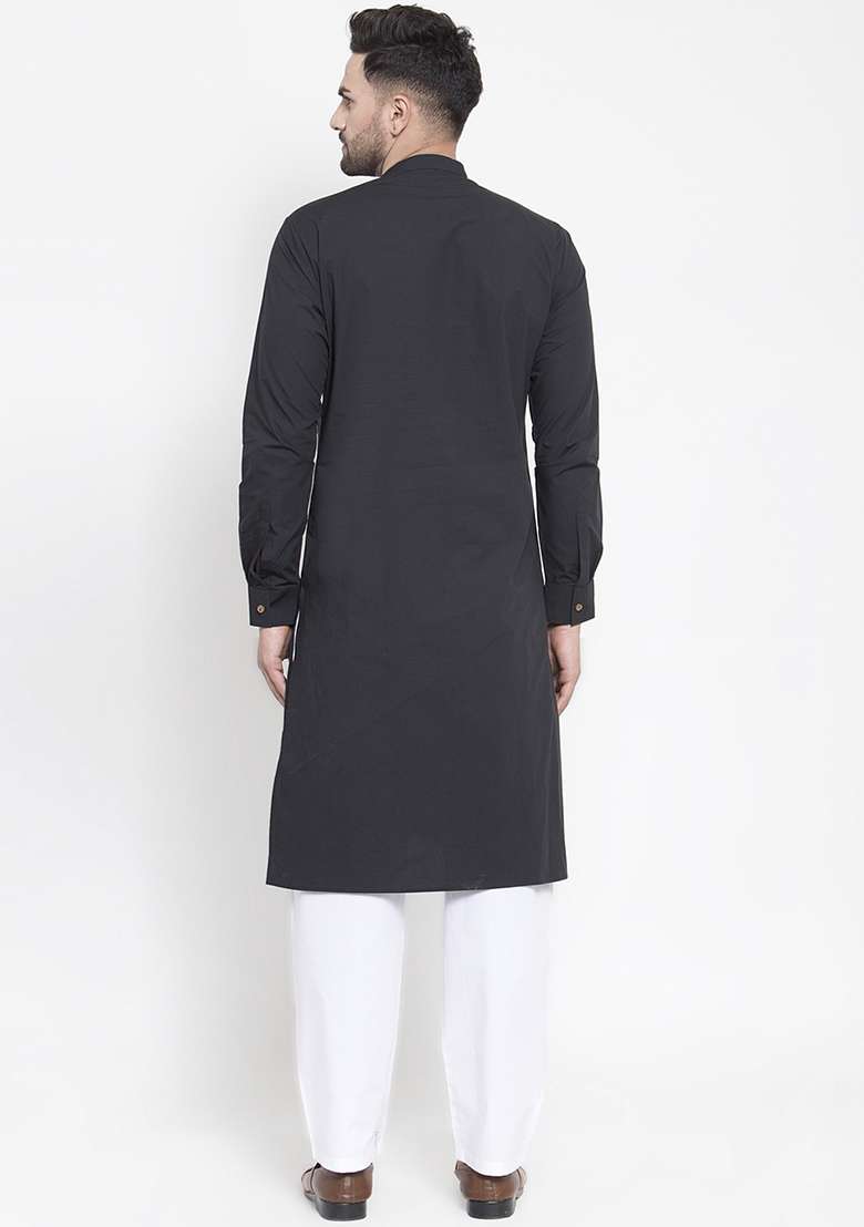 Black Embroidery Sequins Work Cotton Blend Kurta Set For Men - Indya