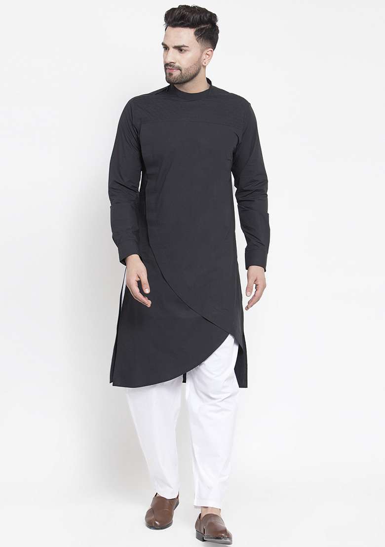 Black Embroidery Sequins Work Cotton Blend Kurta Set For Men - Indya