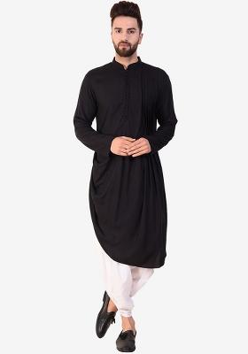 Black Embroidery Sequins Work Cotton Blend Kurta Set For Men