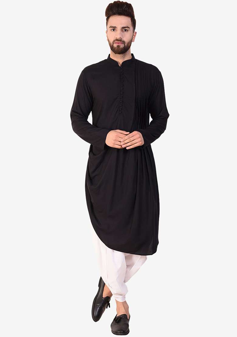 Black Embroidery Sequins Work Cotton Blend Kurta Set For Men - Indya