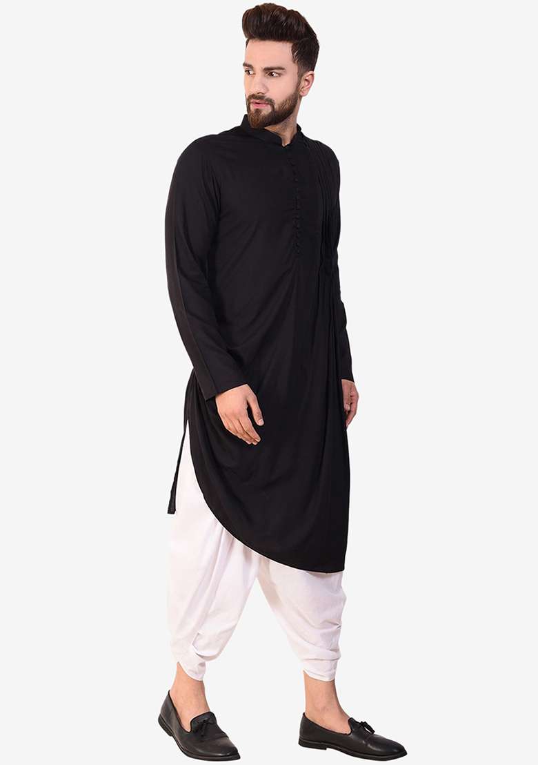 Black Embroidery Sequins Work Cotton Blend Kurta Set For Men - Indya