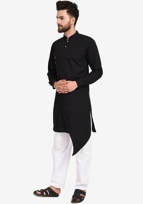 Black Embroidery Sequins Work Cotton Blend Kurta Set For Men