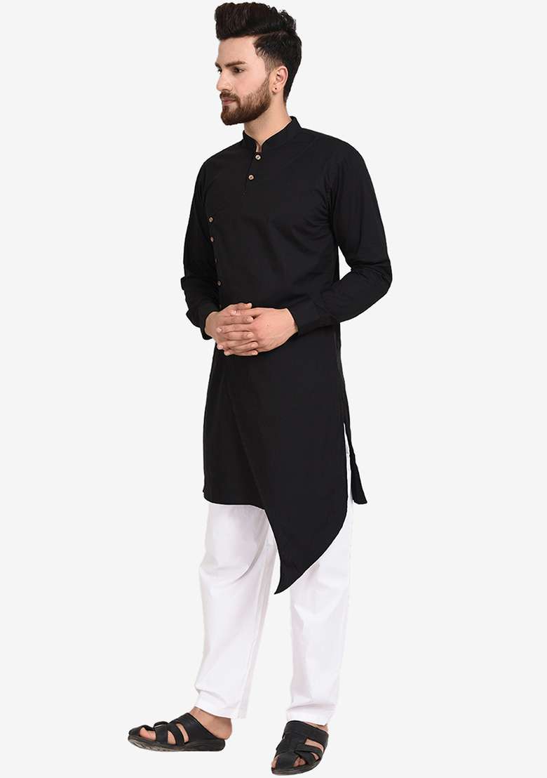 Black Embroidery Sequins Work Cotton Blend Kurta Set For Men - Indya