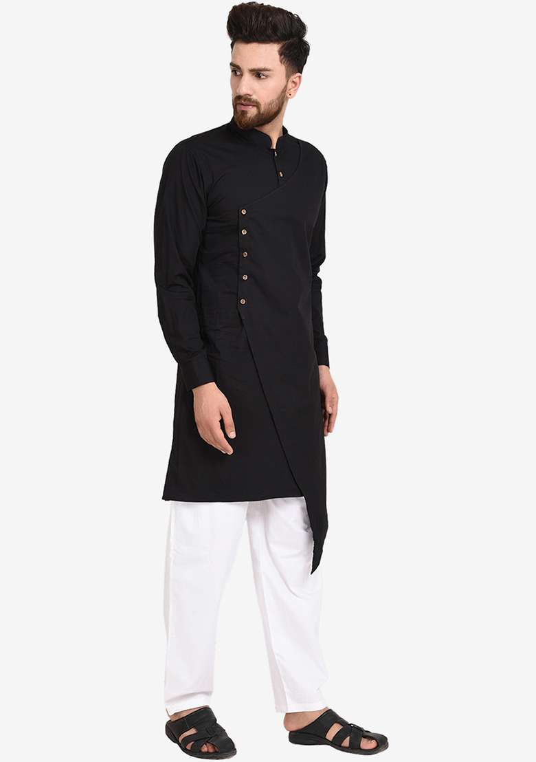 Black Embroidery Sequins Work Cotton Blend Kurta Set For Men - Indya