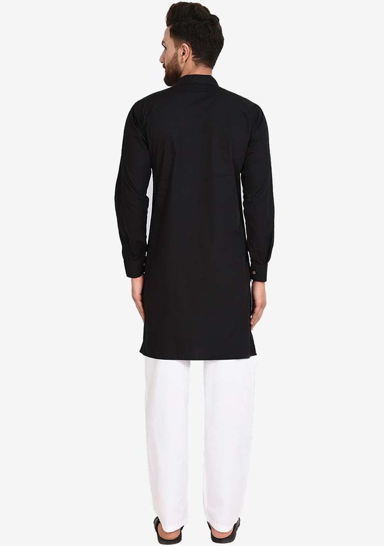 Black Embroidery Sequins Work Cotton Blend Kurta Set For Men - Indya