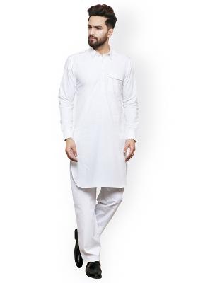 White Embroidery Sequins Work Cotton Blend Kurta Set For Men