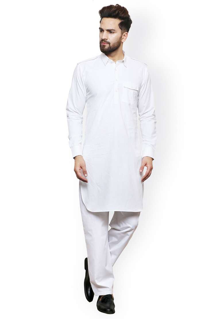 White Embroidery Sequins Work Cotton Blend Kurta Set For Men - Indya