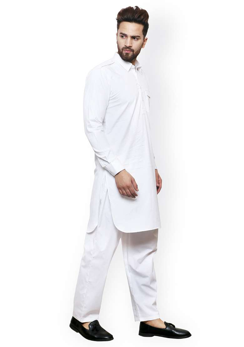 White Embroidery Sequins Work Cotton Blend Kurta Set For Men - Indya