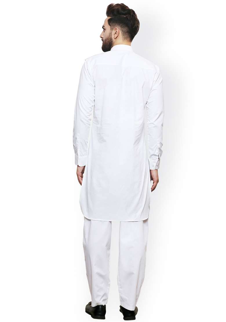 White Embroidery Sequins Work Cotton Blend Kurta Set For Men - Indya