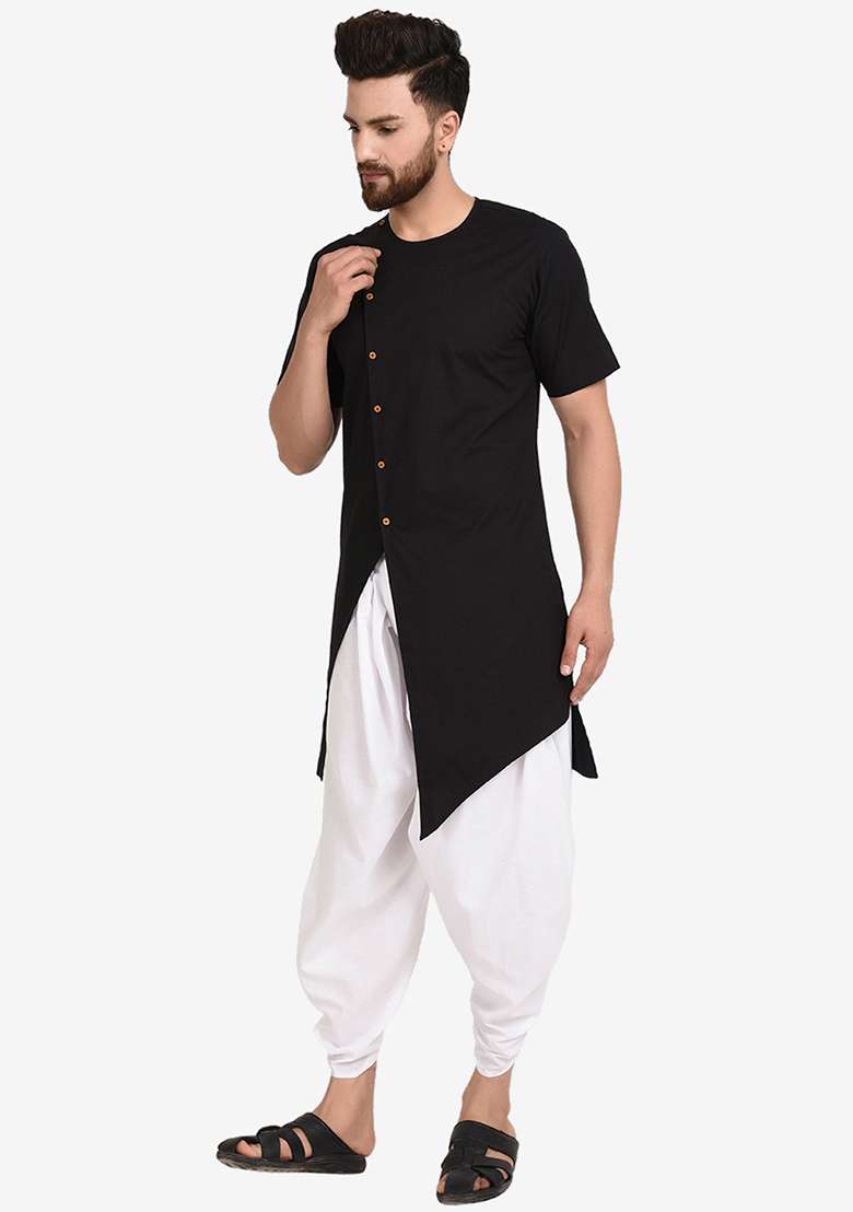 Black Embroidery Sequins Work Cotton Blend Kurta Set For Men - Indya
