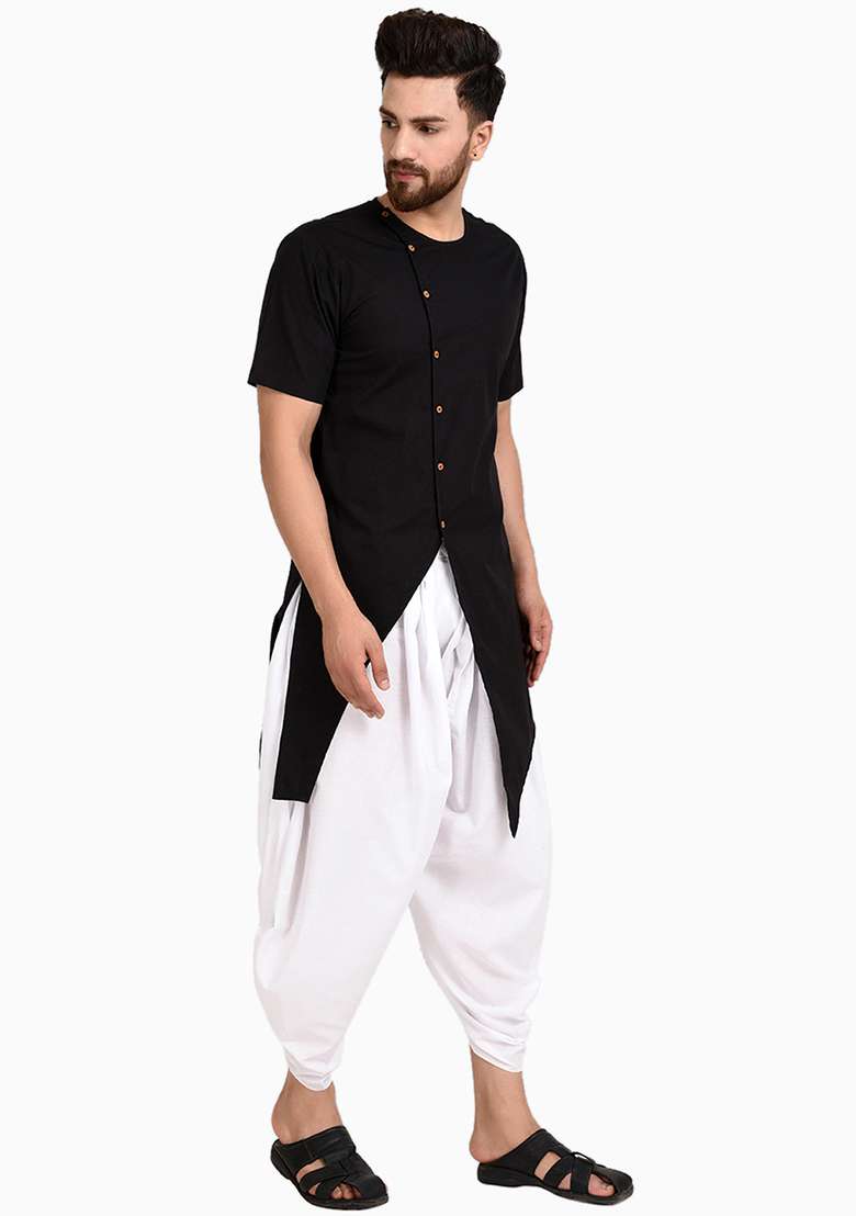 Black Embroidery Sequins Work Cotton Blend Kurta Set For Men - Indya