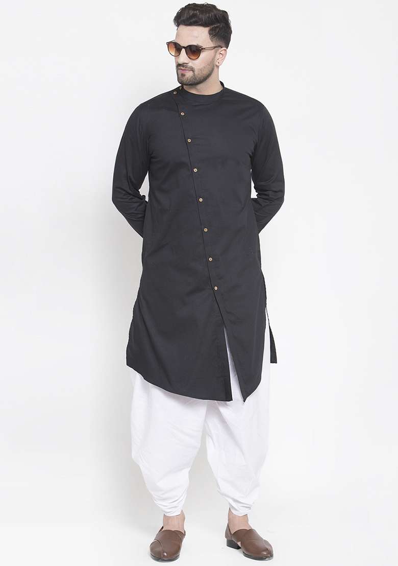 Black Embroidery Sequins Work Cotton Blend Kurta Set For Men - Indya