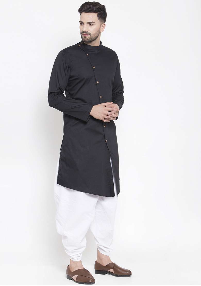 Black Embroidery Sequins Work Cotton Blend Kurta Set For Men - Indya