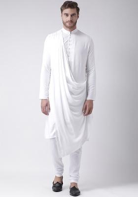 White Embroidery Sequins Work Cotton Blend Kurta Set For Men