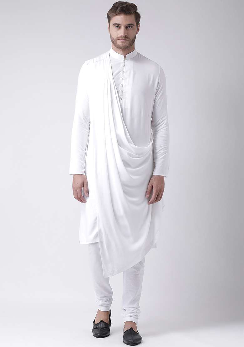White Embroidery Sequins Work Cotton Blend Kurta Set For Men - Indya