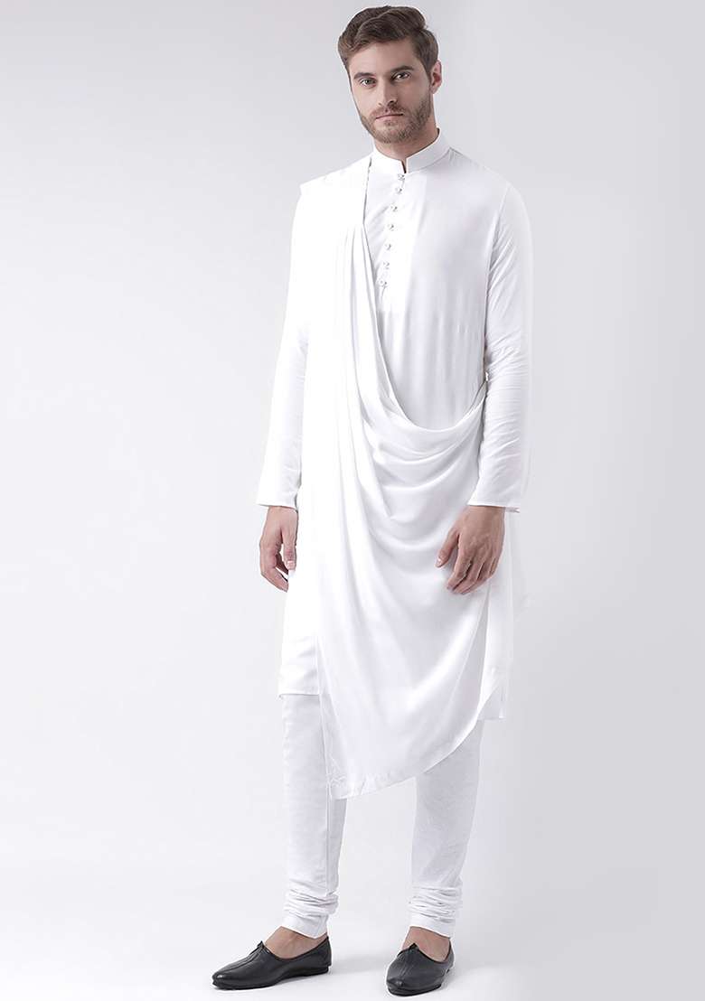 White Embroidery Sequins Work Cotton Blend Kurta Set For Men - Indya