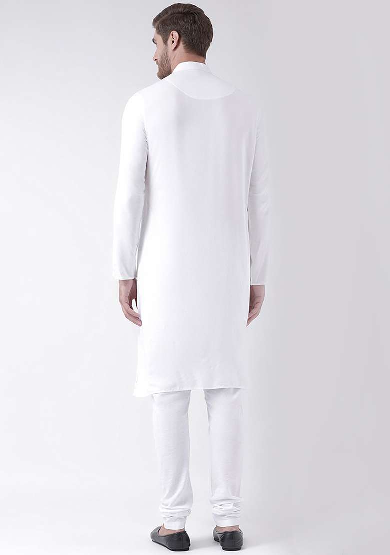 White Embroidery Sequins Work Cotton Blend Kurta Set For Men - Indya