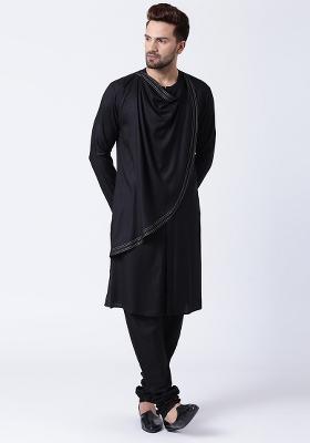 Black Embroidery Sequins Work Cotton Blend Kurta Set For Men