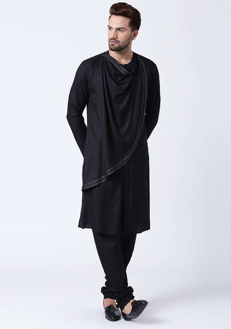 Black Embroidery Sequins Work Cotton Blend Kurta Set For Men - Indya