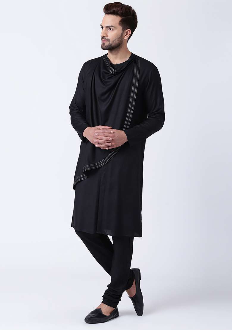 Black Embroidery Sequins Work Cotton Blend Kurta Set For Men - Indya