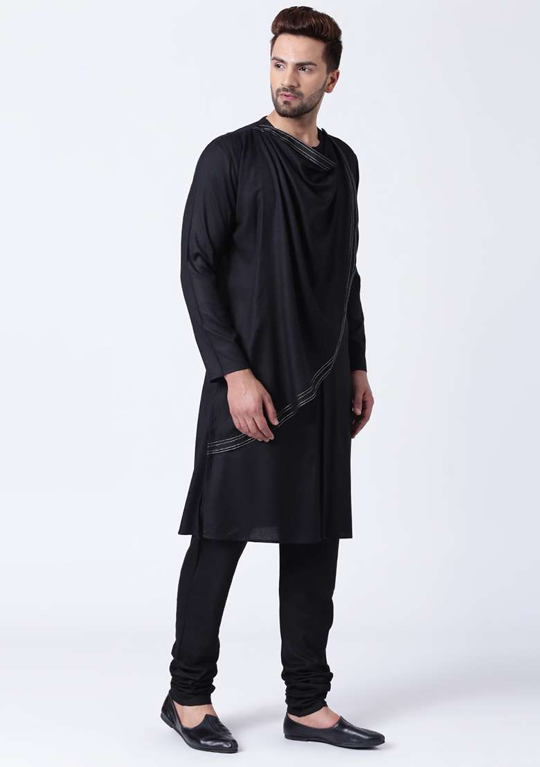 Black Embroidery Sequins Work Cotton Blend Kurta Set For Men - Indya