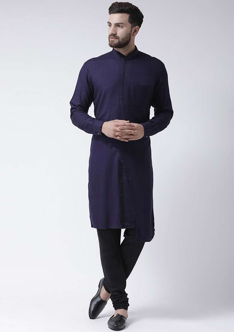 Navy Embroidery Sequins Work Cotton Blend Kurta Set For Men - Indya