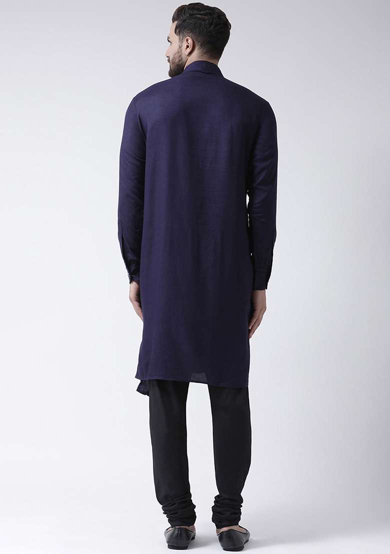 Navy Embroidery Sequins Work Cotton Blend Kurta Set For Men - Indya