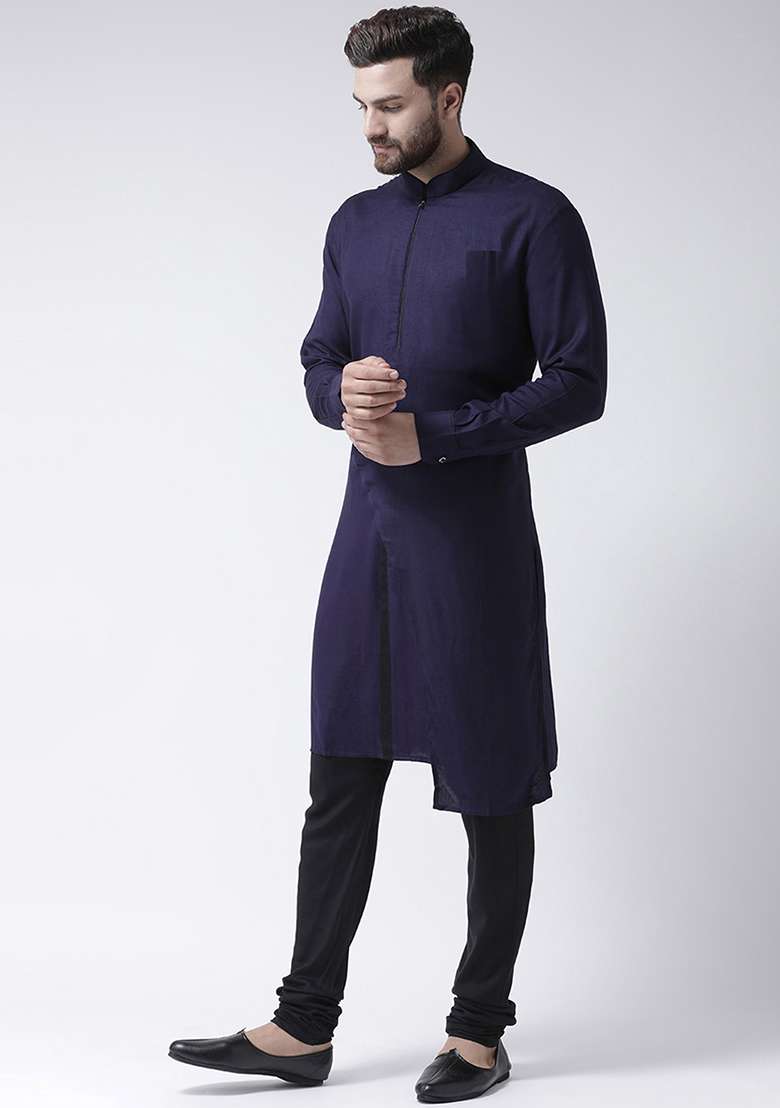 Navy Embroidery Sequins Work Cotton Blend Kurta Set For Men - Indya