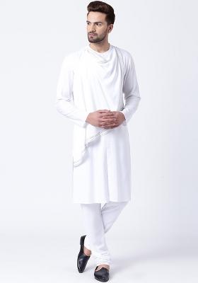 White Embroidery Sequins Work Cotton Blend Kurta Set For Men
