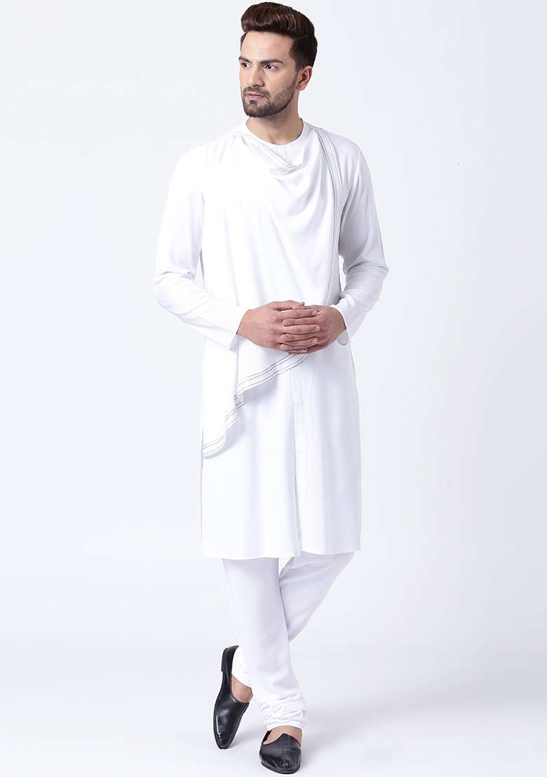White Embroidery Sequins Work Cotton Blend Kurta Set For Men - Indya