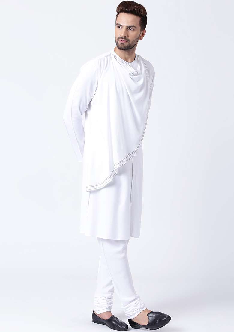 White Embroidery Sequins Work Cotton Blend Kurta Set For Men - Indya
