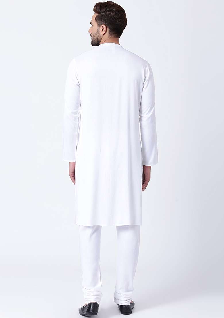 White Embroidery Sequins Work Cotton Blend Kurta Set For Men - Indya