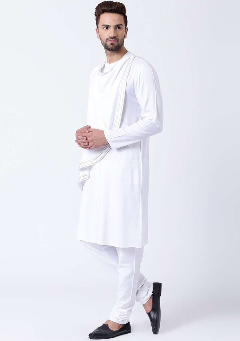 White Embroidery Sequins Work Cotton Blend Kurta Set For Men - Indya