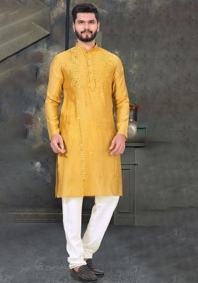 White Embroidery Sequins Work Dupion Silk Kurta Set For Men