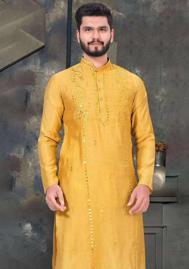 White Embroidery Sequins Work Dupion Silk Blend Kurta Set For Men - Indya