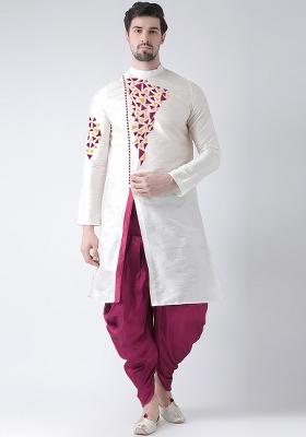 White Embroidery Sequins Work Dupion Silk Kurta Set For Men