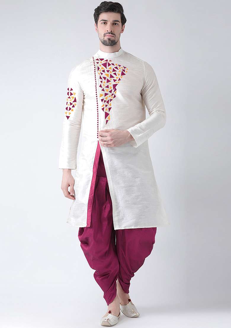White Embroidery Sequins Work Dupion Silk Blend Kurta Set For Men - Indya