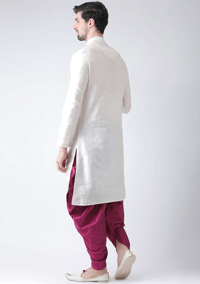 White Embroidery Sequins Work Dupion Silk Blend Kurta Set For Men - Indya