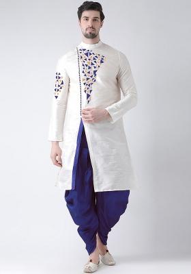 White Embroidery Sequins Work Dupion Silk Kurta Set For Men
