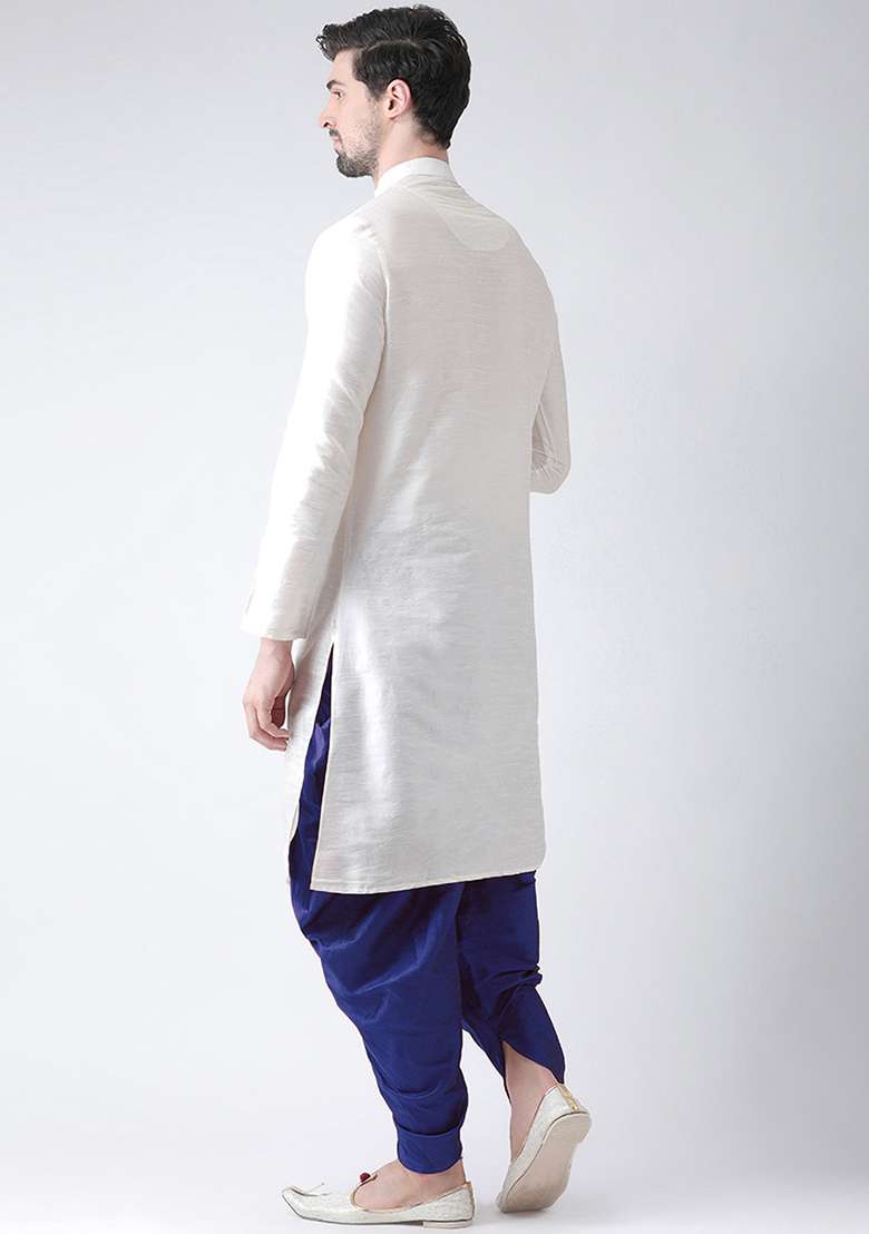White Embroidery Sequins Work Dupion Silk Blend Kurta Set For Men - Indya