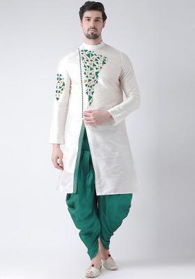 White Embroidery Sequins Work Dupion Silk Kurta Set For Men